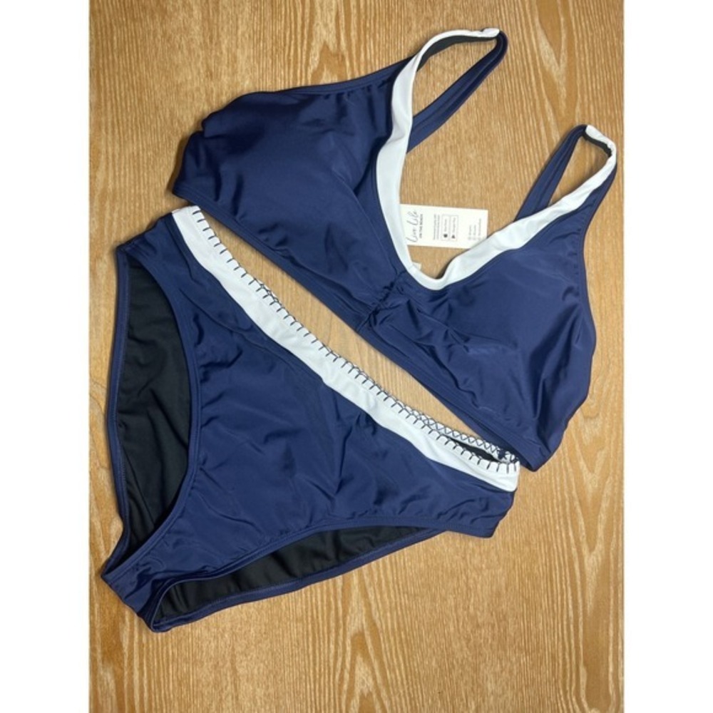 Cupshe Womens Navy Blue White V-Neck High Waisted Bikini Set M - Picture 2 of 4